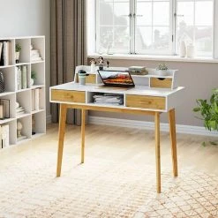 Homfa Table D'ordinateur Bureau Pour Ordinateur Portable Avec Tiroirs Et étagères Poste De Travail Avec Passage De Câbles Pour Bureau à Domicile, Ordinateur Portable Et PC 95x108x52m