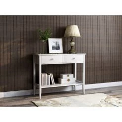 ASUPERMALL Table Console à Deux Tiroirs Poste De Travail De Bureau PC De Comptoir Blanc Avec Pieds En Pin -France Bureau Soldes 2022 55665300 4