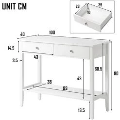 ASUPERMALL Table Console à Deux Tiroirs Poste De Travail De Bureau PC De Comptoir Blanc Avec Pieds En Pin -France Bureau Soldes 2022 55665300 5