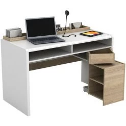 VENTE-UNIQUE.COM Bureau ASERRI Avec Rangements - Blanc Et Chêne - Naturel Clair, Blanc -France Bureau Soldes 2022 55881542 3