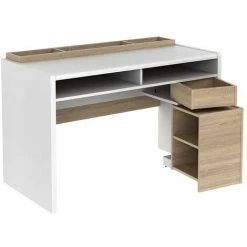 VENTE-UNIQUE.COM Bureau ASERRI Avec Rangements - Blanc Et Chêne - Naturel Clair, Blanc -France Bureau Soldes 2022 55881542 5