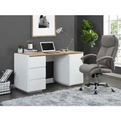 VENTE-UNIQUE.COM Bureau AMANI - 3 Tiroirs Et 1 Porte - MDF - Blanc Laqué Et Chêne - Naturel Clair, Blanc