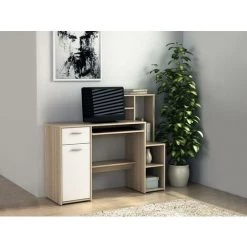 VENTE-UNIQUE.COM Bureau CAMIRI Avec Rangements - Chêne Et Blanc - Naturel Clair, Blanc