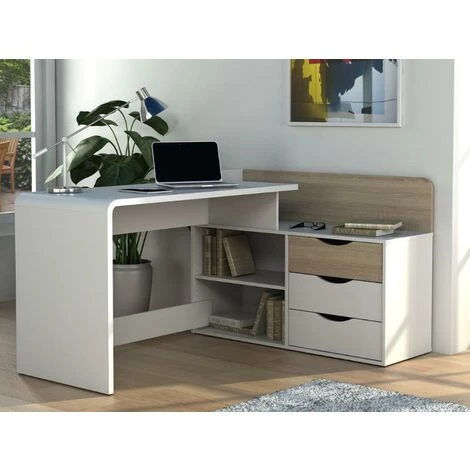 VENTE-UNIQUE.COM Bureau D'angle DECLAN II - MDF - 3 Tiroirs & 2 Niches - Coloris : Blanc & Chêne - Naturel Clair, Blanc 4 VENTE-UNIQUE.COM Bureau D'angle DECLAN II - MDF - 3 Tiroirs & 2 Niches - Coloris : Blanc & Chêne - Naturel Clair, Blanc – Image 2