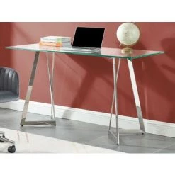 VENTE-UNIQUE.COM Bureau ADRIEL - Verre Trempé & Métal Chromé - Transparent, Argenté