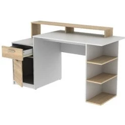 VENTE-UNIQUE.COM Bureau Avec Rangements ZACHARIE - Blanc Et Chêne - Naturel Clair, Blanc -France Bureau Soldes 2022 55884881 5