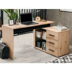 VENTE-UNIQUE.COM Bureau D'angle DEVEN Avec Rangements - 3 Tiroirs - Coloris : Chêne Et Noir - Naturel Clair