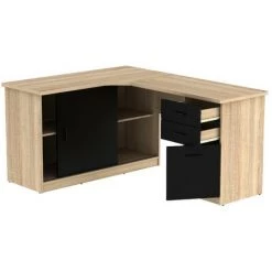VENTE-UNIQUE.COM Bureau D'angle NORWY - 2 Portes & 2 Tiroirs - Chêne Et Noir - Noir, Naturel Clair -France Bureau Soldes 2022 55884982 3
