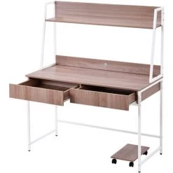 AZKOEESY Table De Travail En Bois MDF Et Acier, Table De Bureau Avec étagères, 2 Tiroirs Pour Bureau, Chambre, Sallon-120 X 55 X 144 Cm-couleur Bois