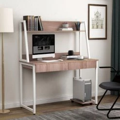 AZKOEESY Table De Travail En Bois MDF Et Acier, Table De Bureau Avec étagères, 2 Tiroirs Pour Bureau, Chambre, Sallon-120 X 55 X 144 Cm-couleur Bois -France Bureau Soldes 2022 55939430 4