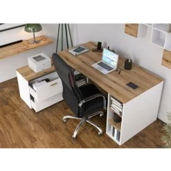 Bureau BOBOCHIC - Bureau D'angle Gauche PRAGUE Imitation Chêne Et Blanc - Chêne Et Blanc -France Bureau Soldes 2022 56112637 3