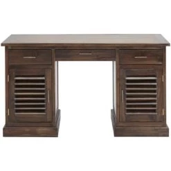 VENTE-UNIQUE.COM Bureau BALI - 2 Portes & 3 Tiroirs - Teck Massif - Naturel Foncé -France Bureau Soldes 2022 56381365 4