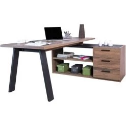 CAESAROO Bureau D'angle 172x143 Cm En Chêne Avec Pieds En Métal Peints En Gris Anthracite Et Bloc Tiroirs | Chêne Et Gris -France Bureau Soldes 2022 56501906 2