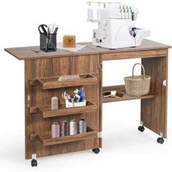 GIANTEX Table De Couture Pliante Pour Machine à Coudre Avec Roulettes,4 Etagères De Rangement,Table D’Ordinateur à Roulettes,Naturel