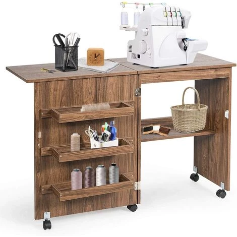 GIANTEX Table De Couture Pliante Pour Machine à Coudre Avec Roulettes,4 Etagères De Rangement,Table D’Ordinateur à Roulettes,Naturel 3 GIANTEX Table De Couture Pliante Pour Machine à Coudre Avec Roulettes,4 Etagères De Rangement,Table D’Ordinateur à Roulettes,Naturel