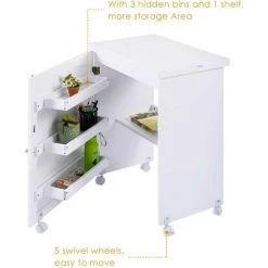 GIANTEX Table De Couture Pliante Pour Machine à Coudre Avec Roulettes,4 Etagères De Rangement,Table D’Ordinateur à Roulettes,Blanc -France Bureau Soldes 2022 56625379 3