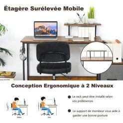 COSTWAY Bureau D'Ordinateur Avec Tiroir De Rangement Réversible 128 X 50 X 93 CM Tyle Industriel Couleur Marron Rustique -France Bureau Soldes 2022 56662421 4