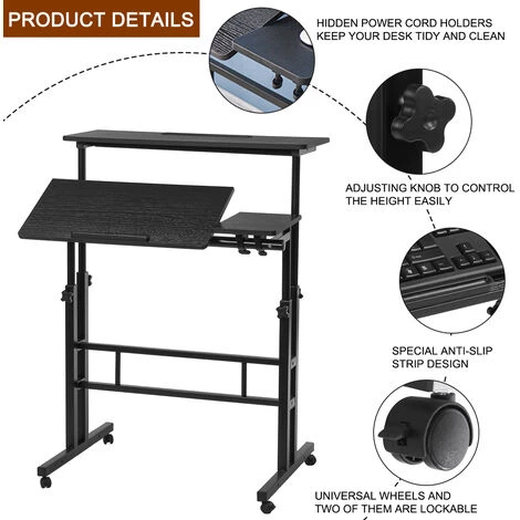 DMTOOL Table De Bureau Ordinateur Table D'appoint Réglable Table Lit Ordinateur - Avec Roulettes - L 80 X L 60 X H 67-115 Cm-Noir 5 DMTOOL Table De Bureau Ordinateur Table D'appoint Réglable Table Lit Ordinateur - Avec Roulettes - L 80 X L 60 X H 67-115 Cm-Noir – Image 3