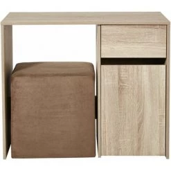 Paris Prix - Bureau 1 Tiroir & Pouf "china" 75cm Naturel & Taupe