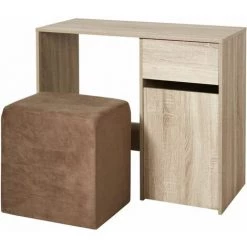 Paris Prix - Bureau 1 Tiroir & Pouf "china" 75cm Naturel & Taupe -France Bureau Soldes 2022 57077541 4