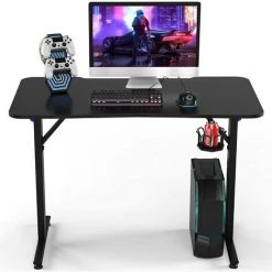 GIANTEX Bureau Gamer En T Avec Support De Manette,Porte-Gobelet Et Lumière LED,Table De Jeu Ergonomique Avec Surface En Fibre De Carbne, Noir