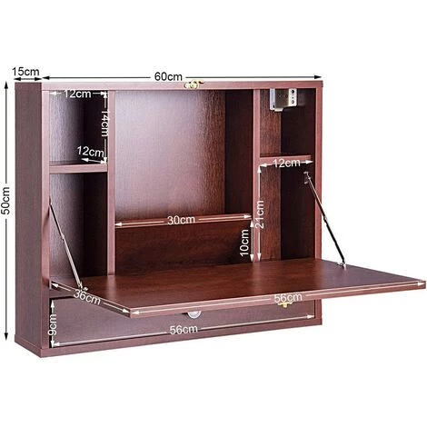 Giantex Table Murale Pliante En Bois Avec 6 Compartiments Et Tiroir, 60 X 50 X 14 Cm (marron) 7 Giantex Table Murale Pliante En Bois Avec 6 Compartiments Et Tiroir, 60 X 50 X 14 Cm (marron) – Image 5