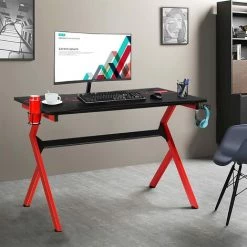GIANTEX Bureau Gaming Table De Jeu Avec Porte-Gobelet, Crochet, 2 Trous Pour C?bles Et Pieds Patins REglables,115 X 66 X 77 CM -France Bureau Soldes 2022 57240391 3
