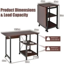 GIANTEX Bureau Pliable Pour Ordinateur à 3 Niveaux Avec 2 Etagères De Rangement Et 6 Roulettes Universelles Dont 3 Verrouillables -France Bureau Soldes 2022 57240410 4