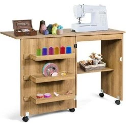 GIANTEX Table De Couture Pliable Pour Machine à Coudre, Avec Roulettes & 3 Etagères, Table Multifonction Pour Salon, Bureau, Studio (117 X 40 X 78 Cm, Naturel FoncE)