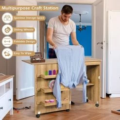 GIANTEX Table De Couture Pliable Pour Machine à Coudre, Avec Roulettes & 3 Etagères, Table Multifonction Pour Salon, Bureau, Studio (117 X 40 X 78 Cm, Naturel FoncE) -France Bureau Soldes 2022 57240455 3