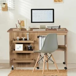 GIANTEX Table De Couture Pliable Pour Machine à Coudre, Avec Roulettes & 3 Etagères, Table Multifonction Pour Salon, Bureau, Studio (117 X 40 X 78 Cm, Naturel FoncE) -France Bureau Soldes 2022 57240455 4