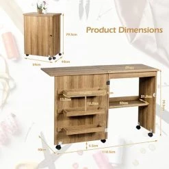 GIANTEX Table De Couture Pliable Pour Machine à Coudre, Avec Roulettes & 3 Etagères, Table Multifonction Pour Salon, Bureau, Studio (117 X 40 X 78 Cm, Naturel FoncE) -France Bureau Soldes 2022 57240455 5