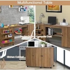 GIANTEX Table De Couture Pliable Pour Machine à Coudre, Avec Roulettes & 3 Etagères, Table Multifonction Pour Salon, Bureau, Studio (158 X 60 X 75 Cm, Marron) -France Bureau Soldes 2022 57240505 4