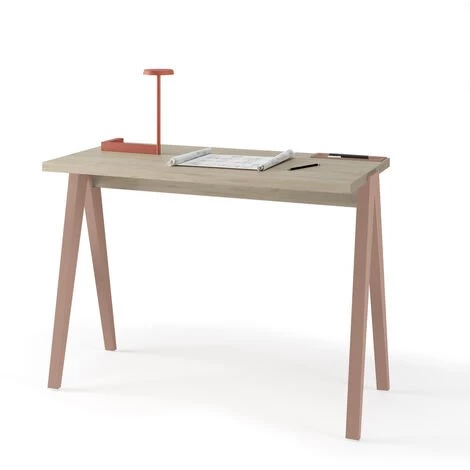 HERDASA Bureau, Modèle COLMAR, En Mélamine Chêne Clair Avec Pieds Et Plateau En Hêtre Massif Laqué. - Rose 3 HERDASA Bureau, Modèle COLMAR, En Mélamine Chêne Clair Avec Pieds Et Plateau En Hêtre Massif Laqué. - Rose