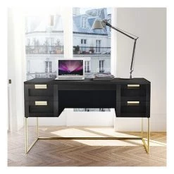 WOODMAN Bureau 4 Tiroirs 130x62x75 Cm Décor Noyer Et Métal Doré - LOUNIS