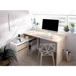 DEKIT Bureau D'angle Rox. Avec Une Armoire, Avec Un Tiroir, Une Porte Et Une étagère. Peut être Monté Droit. Couleur: Blanc - Chêne Naturel -France Bureau Soldes 2022 57596356 4