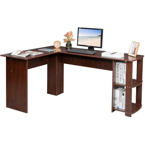 LIFCAUSAL Bureau D'ordinateur En Bois En Forme De L à Angle Droit Avec étagères à Deux Couches 6 LIFCAUSAL Bureau D'ordinateur En Bois En Forme De L à Angle Droit Avec étagères à Deux Couches – Image 4