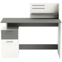 Bureau 1 Porte Et 1 Tiroir, Décor Gris Et Blanc L121,5 Cm - Platon - Calicosy - Blanc Mat/gris Fonce