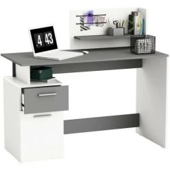 Bureau 1 Porte Et 1 Tiroir, Décor Gris Et Blanc L121,5 Cm - Platon - Calicosy - Blanc Mat/gris Fonce -France Bureau Soldes 2022 57988159 4