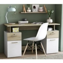 Bureau Double Caisson, Décor Bois Et Blanc - L134,8 Cm - Platon - Calicosy - Chene Kronberg/blanc -France Bureau Soldes 2022 57988168 2