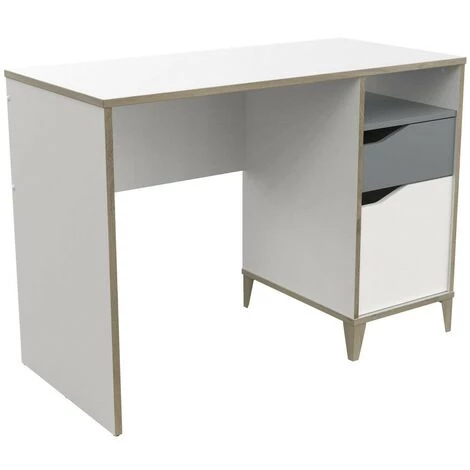 Bureau Scandinave 1 Porte 1 Tiroir 1 Niche L106,6 Cm - Genius - Calicosy - Blanc Mat/gris Clair 3 Bureau Scandinave 1 Porte 1 Tiroir 1 Niche L106,6 Cm - Genius - Calicosy - Blanc Mat/gris Clair