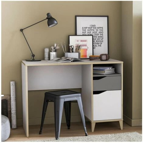 Bureau Scandinave 1 Porte 1 Tiroir 1 Niche L106,6 Cm - Genius - Calicosy - Blanc Mat/gris Clair 4 Bureau Scandinave 1 Porte 1 Tiroir 1 Niche L106,6 Cm - Genius - Calicosy - Blanc Mat/gris Clair – Image 2
