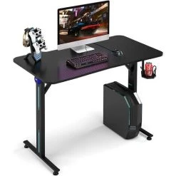 GOPLUS Bureau De Jeu Ergonomique Avec Porte-Gobelet Et Support De Manette, Bureau De Jeu Gaming Avec Lumière, Table De Jeu Pour PC Informatique En Fibre De Carbone, 110x59,5x76,5CM,Noir
