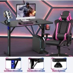 GOPLUS Bureau De Jeu Ergonomique Avec Porte-Gobelet Et Support De Manette, Bureau De Jeu Gaming Avec Lumière, Table De Jeu Pour PC Informatique En Fibre De Carbone, 110x59,5x76,5CM,Noir -France Bureau Soldes 2022 58171699 3