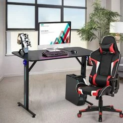 GOPLUS Bureau De Jeu Ergonomique Avec Porte-Gobelet Et Support De Manette, Bureau De Jeu Gaming Avec Lumière, Table De Jeu Pour PC Informatique En Fibre De Carbone, 110x59,5x76,5CM,Noir -France Bureau Soldes 2022 58171699 5