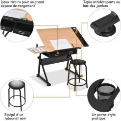 GOPLUS Table à Dessin Inclinable Avec Tabouret, Station De Dessin Hauteur Réglable 65-90,5 CM, Plateau Coulissant, 2 Grands Tiroirs Et Porte-Stylo, Support Triangulaire, Pour Peinture, Architecte -France Bureau Soldes 2022 58555122 3