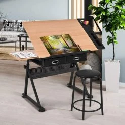 GOPLUS Table à Dessin Inclinable Avec Tabouret, Station De Dessin Hauteur Réglable 65-90,5 CM, Plateau Coulissant, 2 Grands Tiroirs Et Porte-Stylo, Support Triangulaire, Pour Peinture, Architecte -France Bureau Soldes 2022 58555122 5