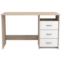 Bureau 1 Niche 3 Tiroirs L123 Cm - Aristote - Calicosy - Chene Brosse/blanc Mat - Chene Brosse/blanc Mat