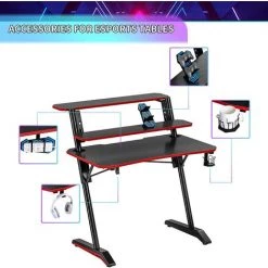 Soges Bureau Réglable En Hauteur Table De Jeu Ergonomique Bureau D'ordinateur Avec 2 étagères Réglables Pour Moniteur Livres, 105 X 60 Cm - Noir Et Rouge -France Bureau Soldes 2022 58998747 4