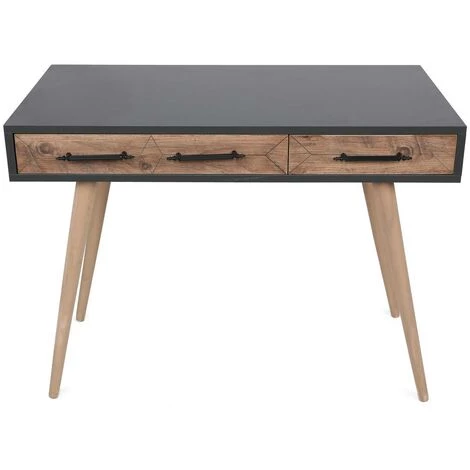 COTECOSY Bureau Vintage Style Scandinave Bazin 2 Tiroirs Gris Et Chêne Clair - Gris Foncé 5 COTECOSY Bureau Vintage Style Scandinave Bazin 2 Tiroirs Gris Et Chêne Clair - Gris Foncé – Image 3